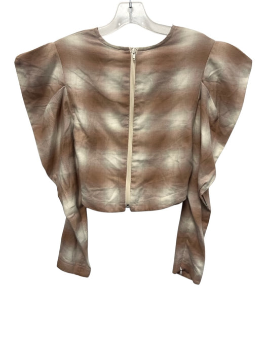 Koch Size S Pink & Beige Cotton Plaid Long Sleeve Puff Shoulder Crop Top Pink & Beige / S