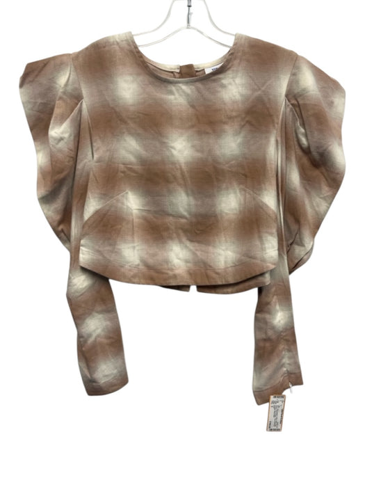 Koch Size S Pink & Beige Cotton Plaid Long Sleeve Puff Shoulder Crop Top Pink & Beige / S