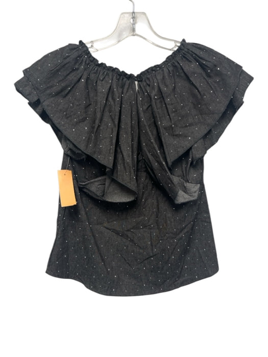 Secular Size XS Charcoal Black Cotton Chambray Ruffle Cap Sleeve Rhinestone Top Charcoal Black / XS