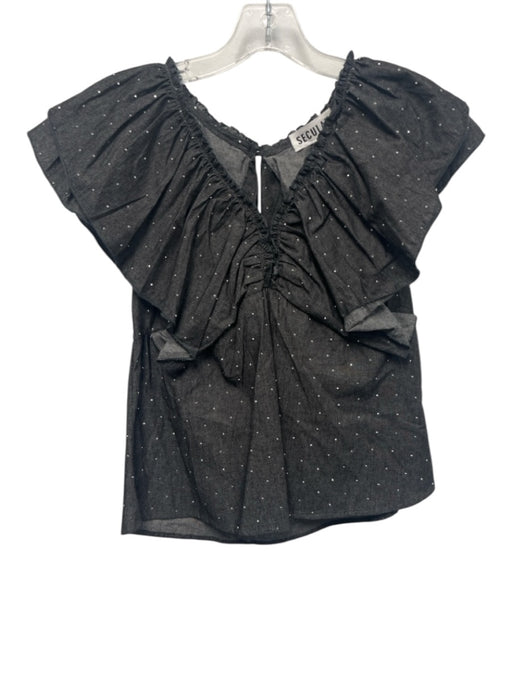 Secular Size XS Charcoal Black Cotton Chambray Ruffle Cap Sleeve Rhinestone Top Charcoal Black / XS