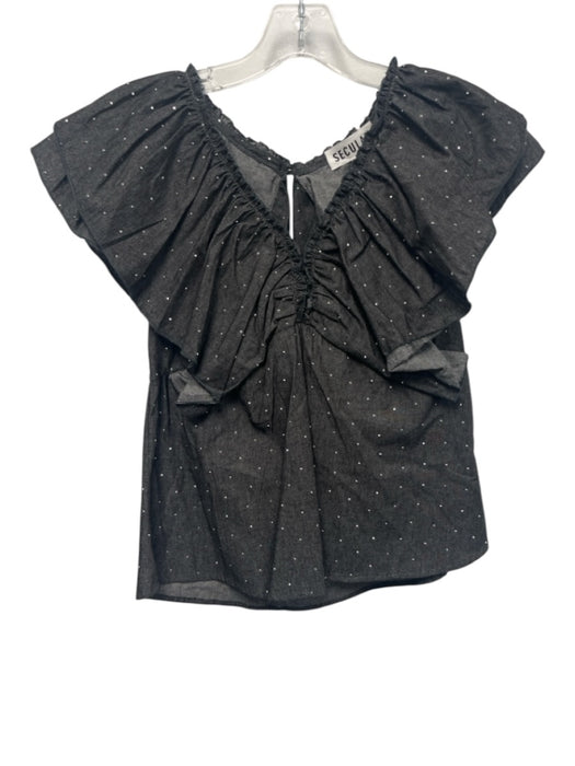 Secular Size XS Charcoal Black Cotton Chambray Ruffle Cap Sleeve Rhinestone Top Charcoal Black / XS