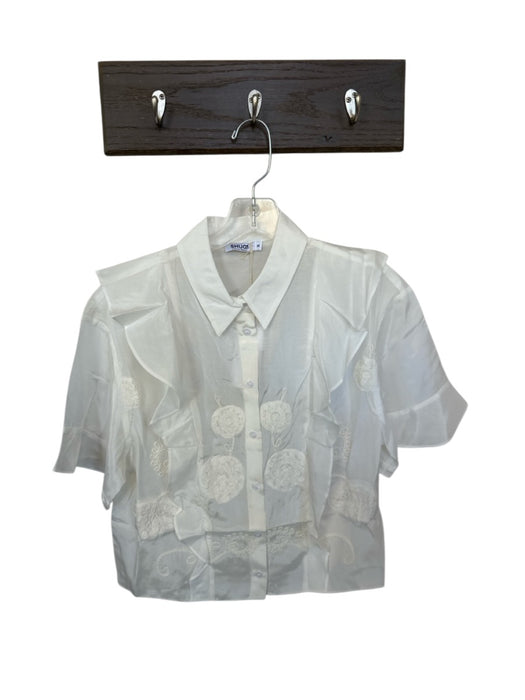 Shug! Size M Ivory Viscose Short Sleeve Embroidered Collar Button Down Top Ivory / M