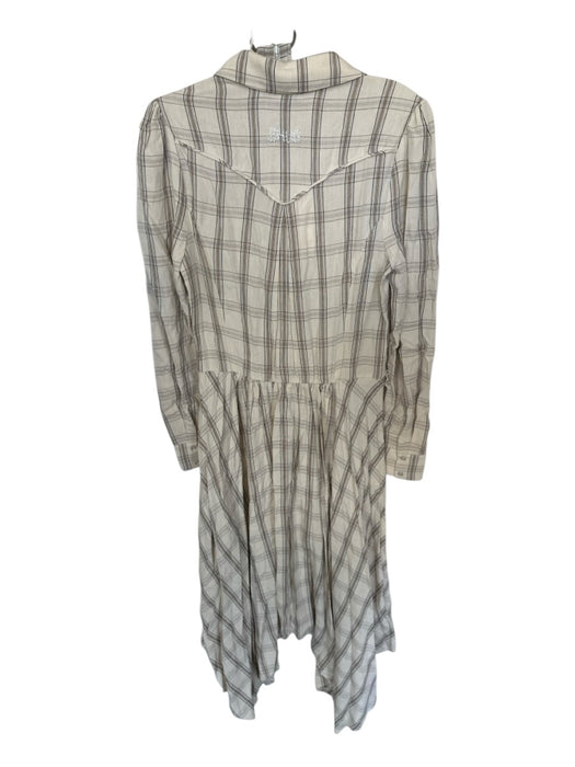 Shug! Size S Bone & Brown Viscose Blend Long Sleeve Plaid Snap Buttons Dress Bone & Brown / S