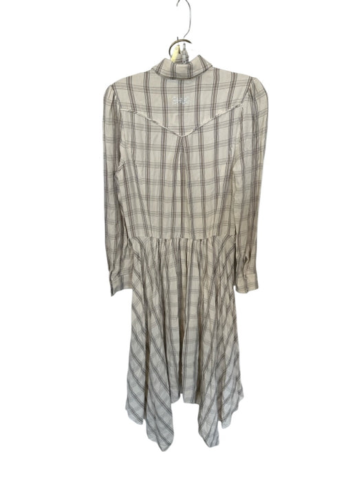 Shug! Size M Bone & Brown Viscose Blend Long Sleeve Plaid Snap Buttons Dress Bone & Brown / M