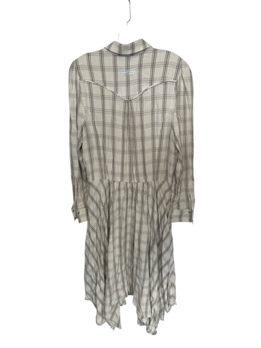 Shug! Size L Bone & Brown Viscose Blend Long Sleeve Plaid Snap Buttons Dress Bone & Brown / L