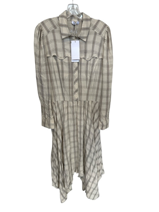 Shug! Size L Bone & Brown Viscose Blend Long Sleeve Plaid Snap Buttons Dress Bone & Brown / L