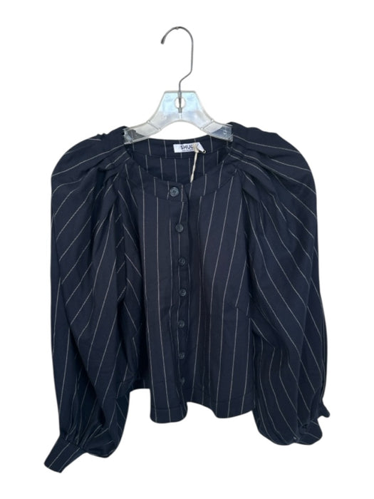 Shug! Size S Navy & Tan Polyester Blend Long Balloon Sleeve Pinstripe Top Navy & Tan / S