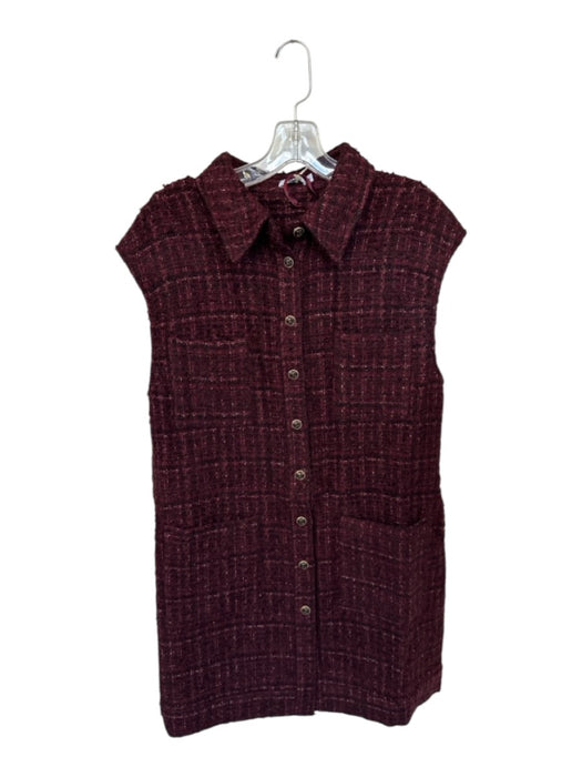 Shug! Size L Maroon & Brown Polyester Blend Cap Sleeve Tweed Button Down Dress Maroon & Brown / L