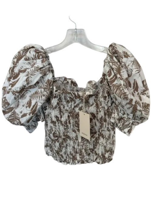 The Femm Size M Taupe & White Cotton Short Balloon Sleeve smocked leaves Top Taupe & White / M