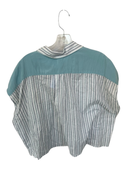 Koch Size S Slate Blue & White Cotton Blend Cap Sleeve Stirrup Button Down Top Slate Blue & White / S