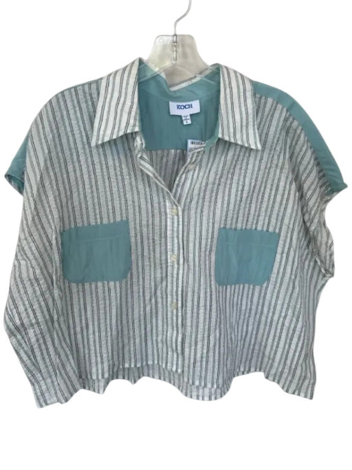 Koch Size S Slate Blue & White Cotton Blend Cap Sleeve Stirrup Button Down Top Slate Blue & White / S