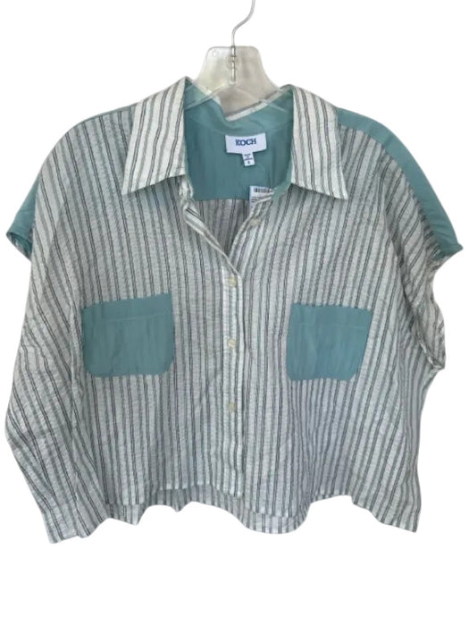 Koch Size S Slate Blue & White Cotton Blend Cap Sleeve Stirrup Button Down Top Slate Blue & White / S