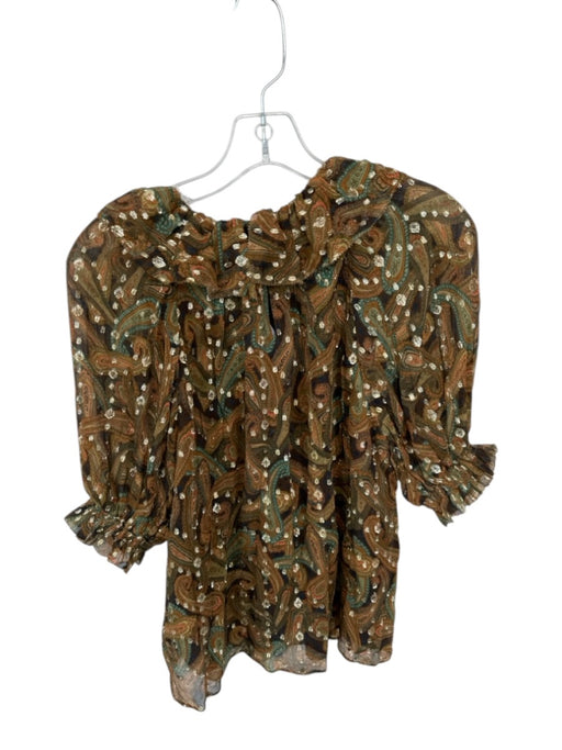 Ulla Johnson Size 4 Brown & Green Silk 3/4 Balloon Sleeve Swiss Dot Paisley Top Brown & Green / 4