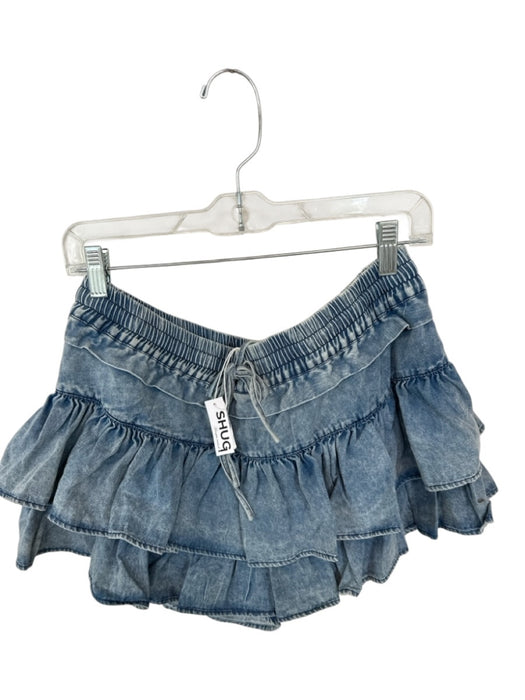 Shug! Size L Med Dark Wash Cotton Blend Drawstring Ruffles Mini Skort Med Dark Wash / L