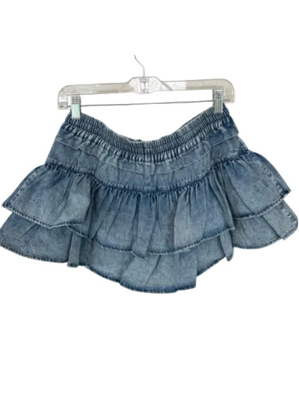 Shug! Size M Med Dark Wash Cotton Blend Drawstring Ruffles Mini Skort Med Dark Wash / M