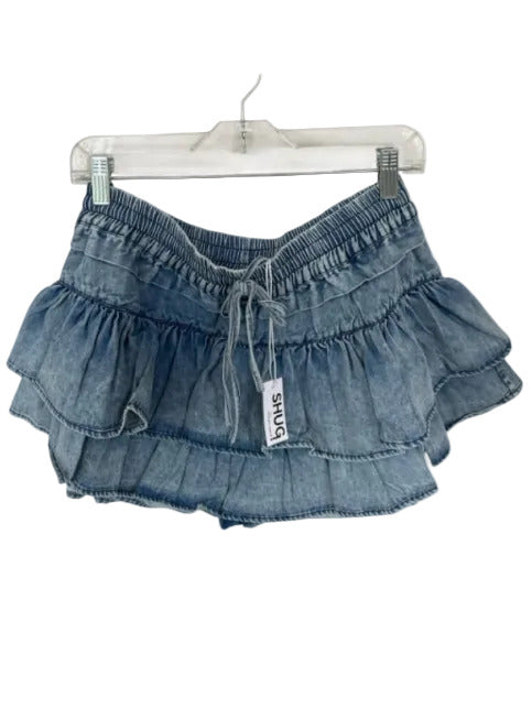 Shug! Size M Med Dark Wash Cotton Blend Drawstring Ruffles Mini Skort Med Dark Wash / M