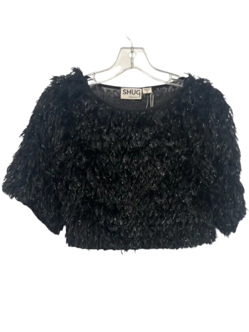 Shug! Size Medium Black Polyester Fuzzy Short Sleeve Feather Top Black / Medium