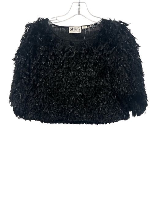Shug! Size Large Black Polyester Fuzzy Short Sleeve Feather Top Black / Large