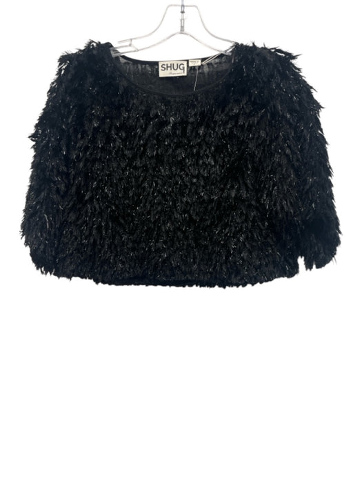 Shug! Size Large Black Polyester Fuzzy Short Sleeve Feather Top Black / Large