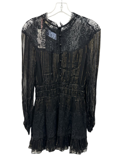 Loveshackfancy Size XS Black Viscose Blend Gold Thread Long Sleeve Dress Black / XS