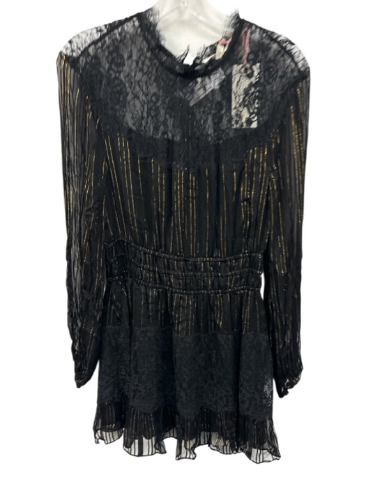 Loveshackfancy Size XS Black Viscose Blend Gold Thread Long Sleeve Dress Black / XS