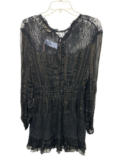 Loveshackfancy Size Small Black Viscose Blend Gold Thread Long Sleeve Dress Black / Small