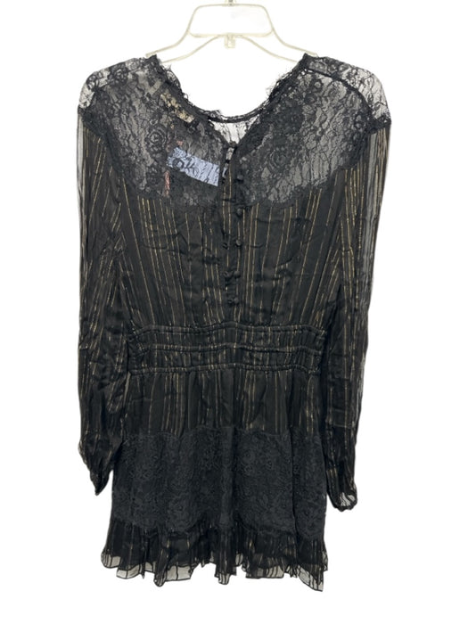 Loveshackfancy Size Small Black Viscose Blend Gold Thread Long Sleeve Dress Black / Small