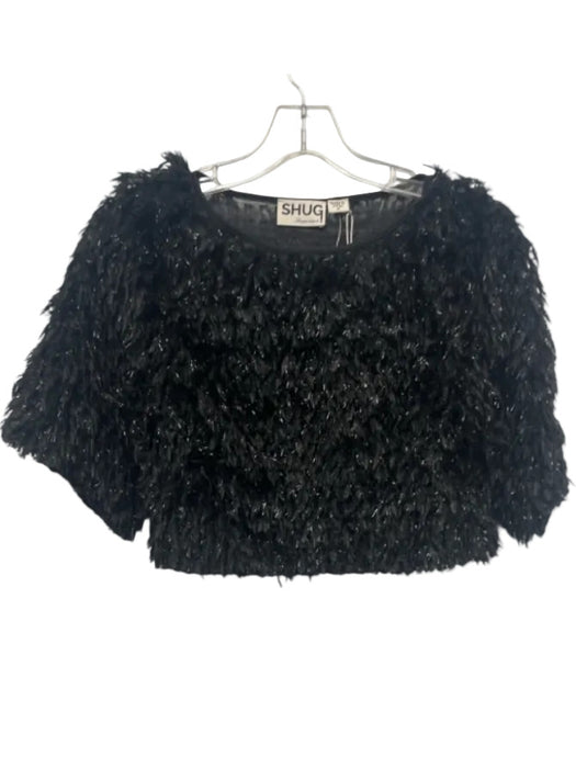 Shug! Size XS Black Polyester Fuzzy Short Sleeve Feather Top Black / XS