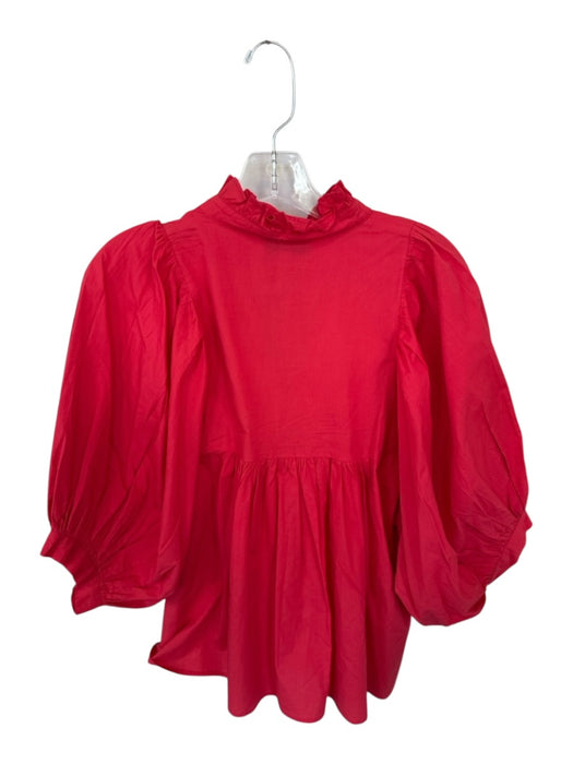 Never a Wallflower Size M Red Cotton 3/4 Balloon Sleeve Ruffle Collar V Neck Top Red / M