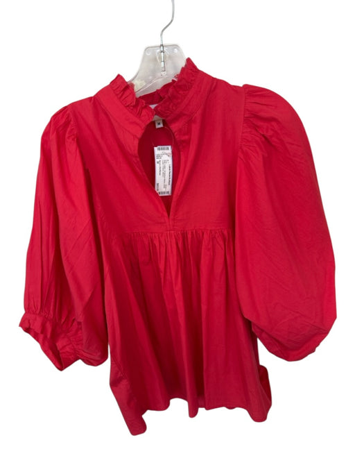 Never a Wallflower Size M Red Cotton 3/4 Balloon Sleeve Ruffle Collar V Neck Top Red / M