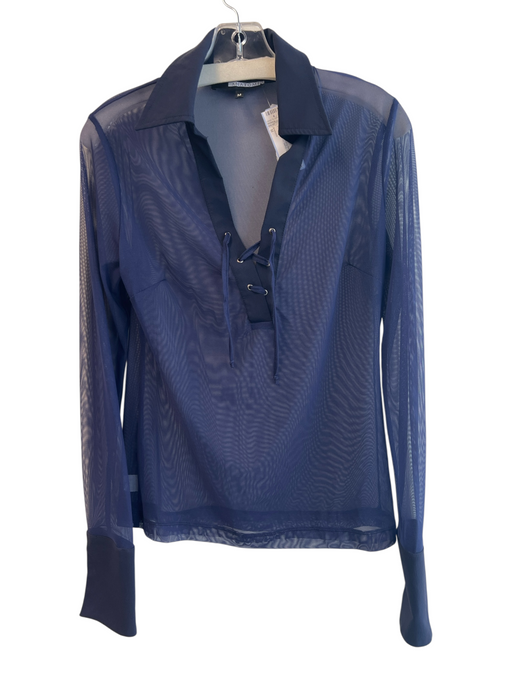 Anatomie Size M Navy Polyamid Long Sleeve Sheer Tie V Neck Collared Top Navy / M