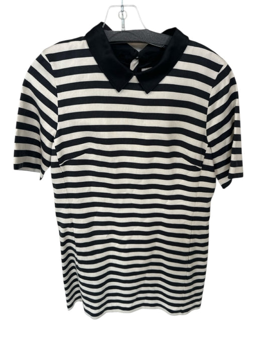 Canvas Size 10 Ivory & Black Cotton & Silk Short Sleeve Collar Striped Dress Ivory & Black / 10