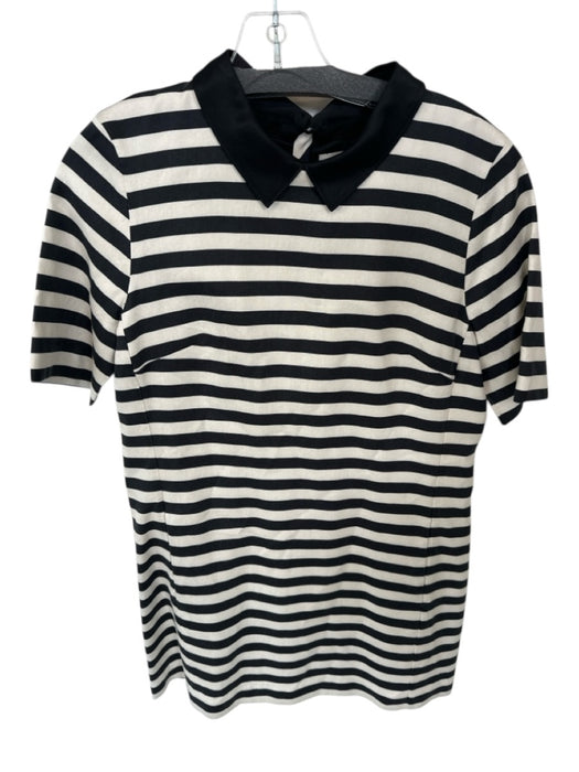 Canvas Size 10 Ivory & Black Cotton & Silk Short Sleeve Collar Striped Dress Ivory & Black / 10