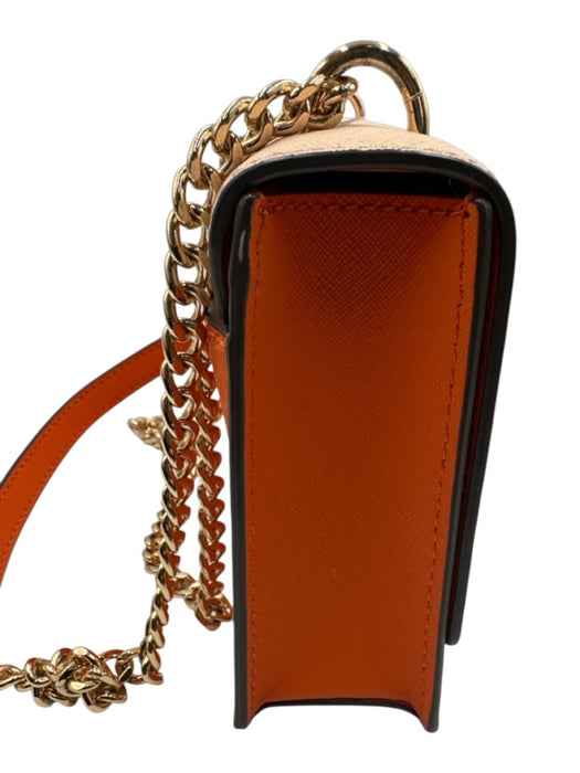 Tory Burch Orange & Blush Print Saffiano Leather Flap Logo Chain Strap Bag Orange & Blush Print / Small