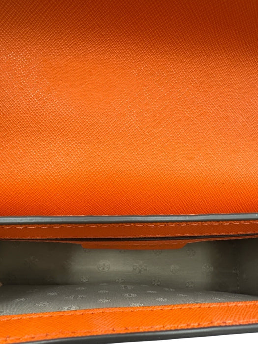 Tory Burch Orange & Blush Print Saffiano Leather Flap Logo Chain Strap Bag Orange & Blush Print / Small