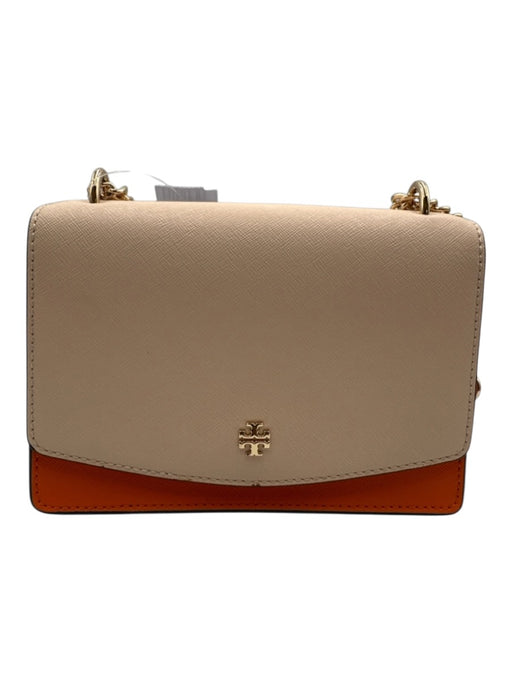 Tory Burch Orange & Blush Print Saffiano Leather Flap Logo Chain Strap Bag Orange & Blush Print / Small