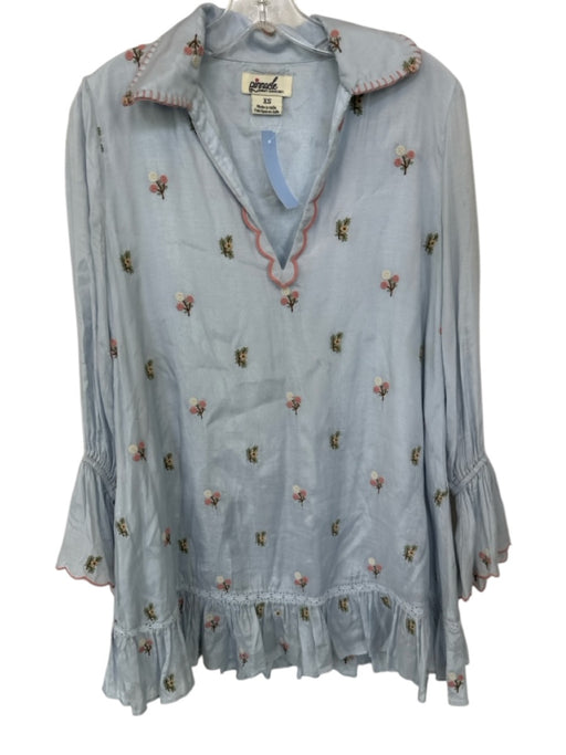 Pinnacle Size XS Baby Blue & Pink Print Viscose Long Sleeve Scallop Detail Dress Baby Blue & Pink Print / XS