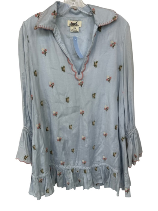 Pinnacle Size XS Baby Blue & Pink Print Viscose Long Sleeve Scallop Detail Dress Baby Blue & Pink Print / XS
