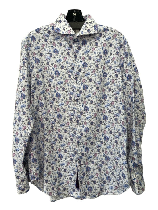 Robert Graham Size 15.5 White, Blue & Pink Linen Blend Floral Long Sleeve Shirt 15.5