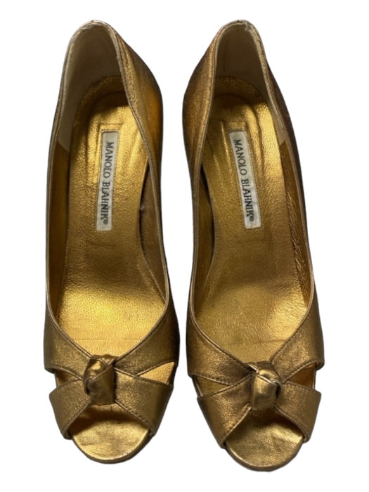 Manolo Blahnik Shoe Size 36.5 Gold Leather Metallic Knot Detail Peep Toe Shoes Gold / 36.5