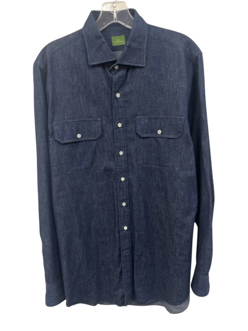 Sid Mashburn Size M Dark Wash Cotton Solid Button Up Denim Long Sleeve Shirt Dark Wash / M