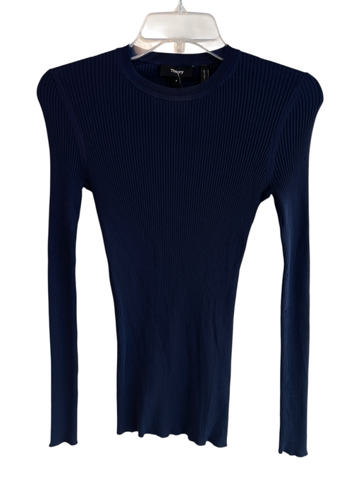 Theory Size P Navy Polyamide Ribbed Knit Long Sleeve Crew Neck Top Navy / P