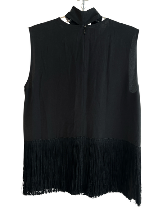 Sportmax Size 4 Black Silk Sleeveless Back Zip Fringe Detail Tie at Neck Top Black / 4