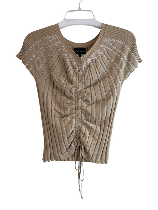 Emporio Armani Size 42 Tan Viscose Blend Cap Sleeve V Neck Ruched Front Top Tan / 42