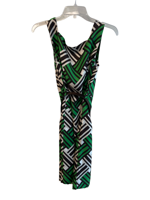Milly Size 6 Green, Brown & White Silk Side Zip Sleeveless Belt Dress Green, Brown & White / 6