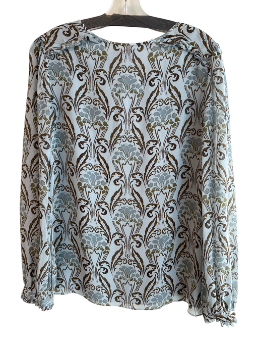 Tory Burch Size 6 Blue & Brown Silk Lined Round Split Neck Long Sheer Sleeve Top Blue & Brown / 6
