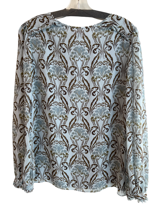 Tory Burch Size 6 Blue & Brown Silk Lined Round Split Neck Long Sheer Sleeve Top Blue & Brown / 6