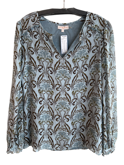 Tory Burch Size 6 Blue & Brown Silk Lined Round Split Neck Long Sheer Sleeve Top Blue & Brown / 6