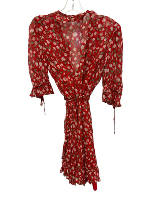 The Kooples Size 3 Red, White, Green Viscose Half Sleeve Floral Sheer Wrap Dress Red, White, Green / 3