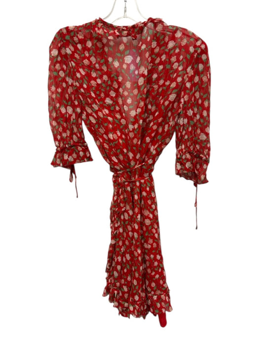 The Kooples Size 3 Red, White, Green Viscose Half Sleeve Floral Sheer Wrap Dress Red, White, Green / 3